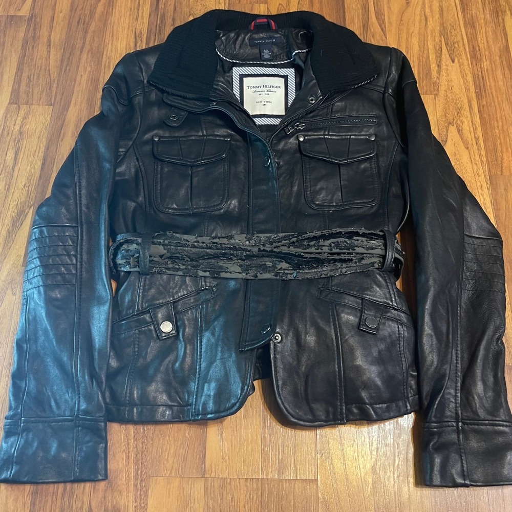 Tommy Hilfiger Leather Jacket Womens L Black Moto Field Coat Belted Ribbed